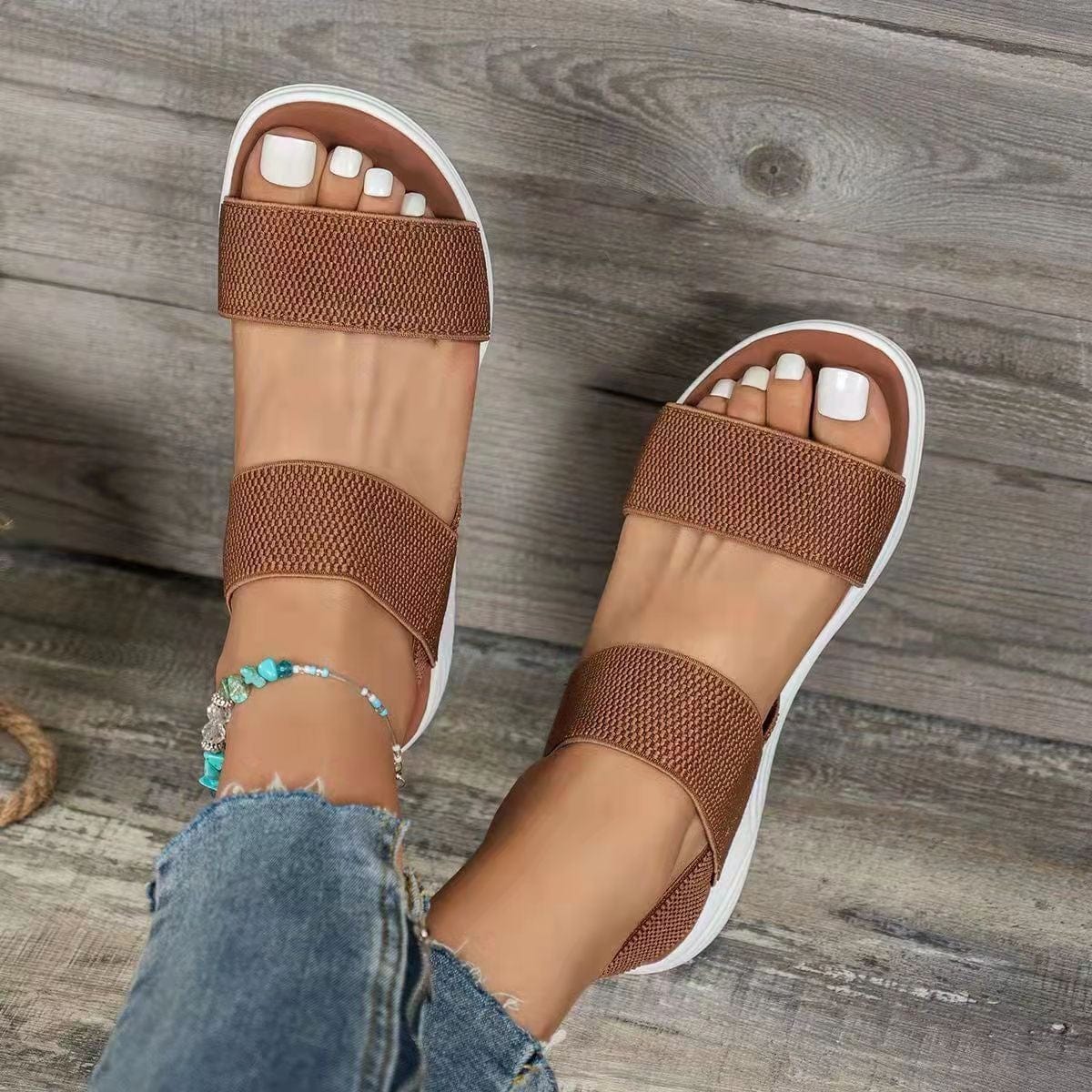 Spot 2022 Summer Large Size Foreign Trade Women's Shoes Casual Elastic Strap Back Trip Strap Fly Woven Polyurethane Flat Sandals for Women