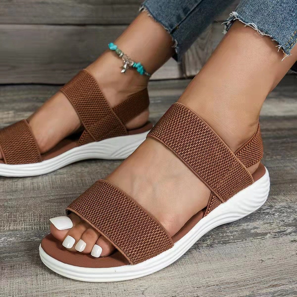 Spot 2022 Summer Large Size Foreign Trade Women's Shoes Casual Elastic Strap Back Trip Strap Fly Woven Polyurethane Flat Sandals for Women