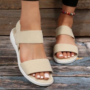 Spot 2022 Summer Large Size Foreign Trade Women's Shoes Casual Elastic Strap Back Trip Strap Fly Woven Polyurethane Flat Sandals for Women